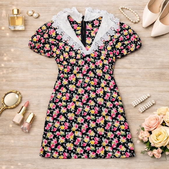 SHEIN Dresses & Skirts - Floral Puff Sleeve Dress with Lace Collar, Medium – Vintage Cottagecore